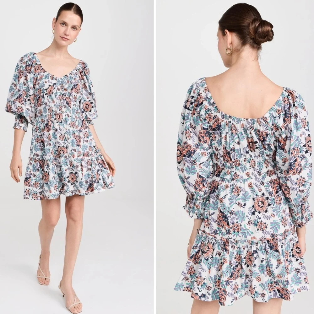 NWT Cleobella Maxine Floral Organic Cotton Scoop Neck Ruche Mini Dress Womens M - Picture 1 of 10